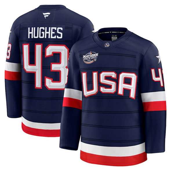 Men%27s USA #43 Quinn Hughes Navy 2025 4 Nations Face-Off Stitched Jersey Dzhi